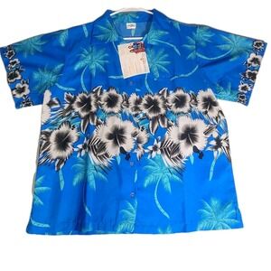 King Kameha Hawaiian Shirt Mens XL Blue Tropical Luau Vacation Hibiscus